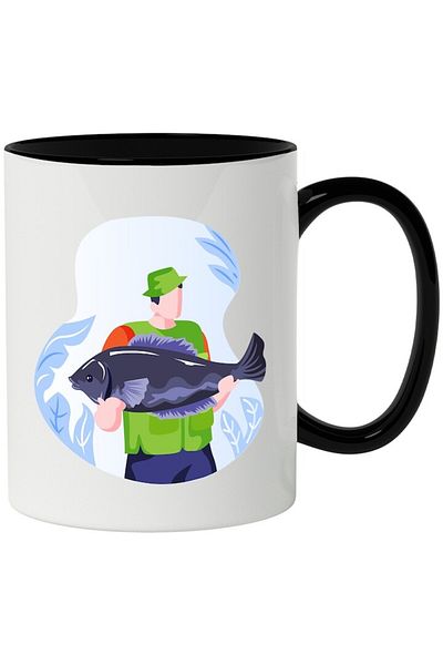 INOVATIX Personalized white mug, Fisherman, Fish, Vest, with Black Handle, INOVATIX®. 330ml