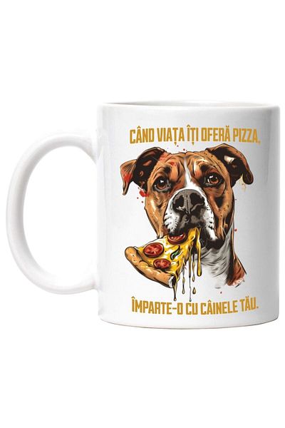 INOVATIX Cana alba personalizata, Caine cu felie de pizza, CAND VIATA ITI DA, INOVATIX®. 330ml