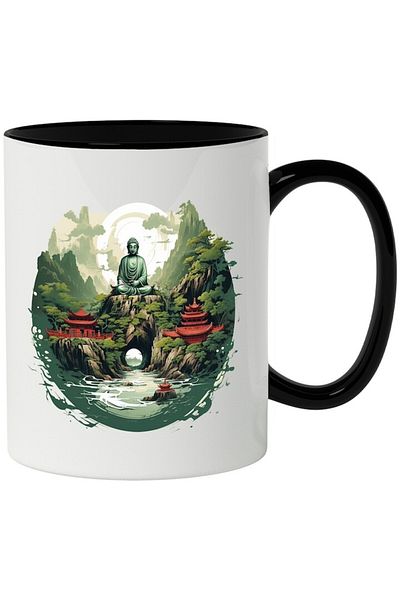 INOVATIX Personalized white mug, Buddha, Sky, Rocks, Lake, Temple, Forest, with Black Handle, INOVATIX®. 330ml