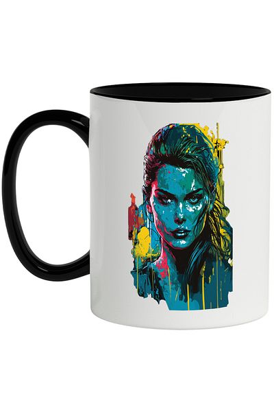 INOVATIX Personalized white mug, Portrait, Face, Graffiti Art, Abstract, with Black Handle, INOVATIX®. 330ml