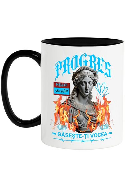 INOVATIX Personalized white mug, Progress - Find Your Voice, with Black Handle, INOVATIX®. 330ml