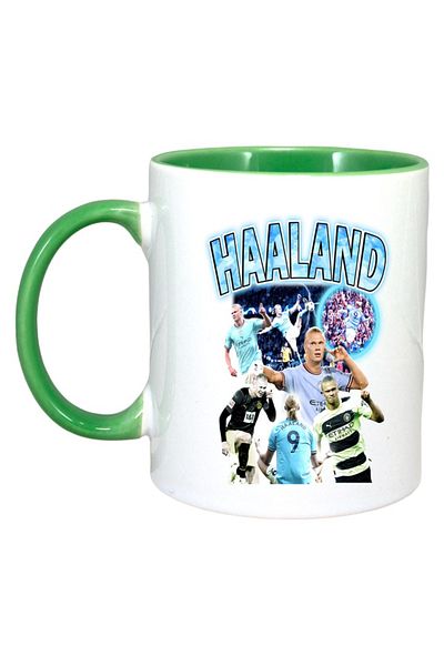 INOVATIX Personalized White Mug, Haaland Goal, Green Handle and Interior, ®. 330ml