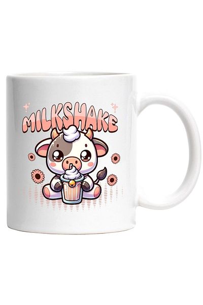 INOVATIX Personalized white mug, Adorable Cow With Pink Milkshake Cup, Nature, INOVATIX®. 330ml