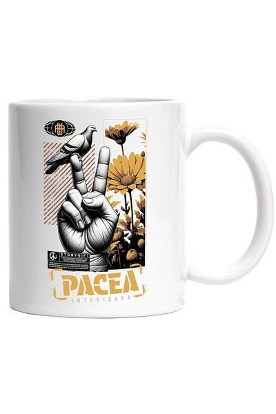 INOVATIX Personalized white mug, Inner Peace - Peace Sign, Dove, Flowers, INOVATIX®. 330ml