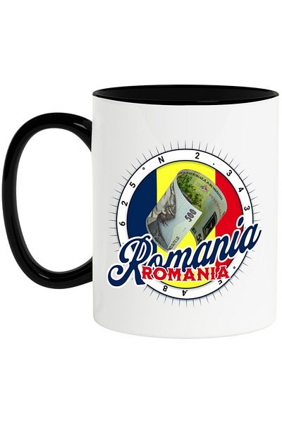 INOVATIX Personalized white mug, Romania - 500 Lei Banknote, with Black Handle, INOVATIX®. 330ml