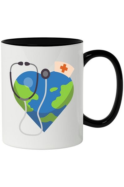 INOVATIX Personalized white mug, Heart, Nurse, Stethoscope, Planet, with Black Handle, INOVATIX®. 330ml
