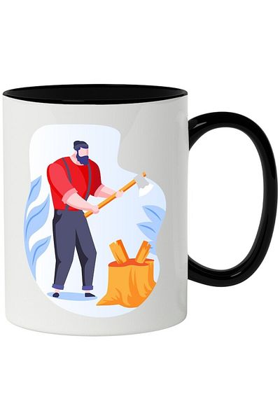 INOVATIX Personalized white mug, Axe, Wooden, Fes, with Black Handle, INOVATIX®. 330ml