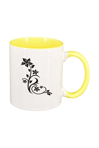 INOVATIX Персонализирана бяла чаша, флорален мотив, жълта вътрешност, D279, I...