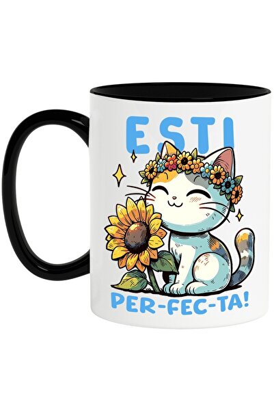 INOVATIX Cana alba personalizata, Pisica cu Floricele - Esti Per-fec-ta, cu M...