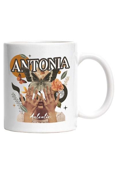 INOVATIX Personalized white mug, Name Antonia, Girl Collage, Butterfly, Flowers, Circle, INOVATIX®. 330ml