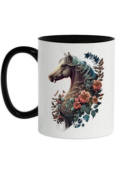 INOVATIX Personalized white mug, Horse, Portrait, Flowers, Leaves, Fantasy, with Black Handle, INOVATIX®. 330ml