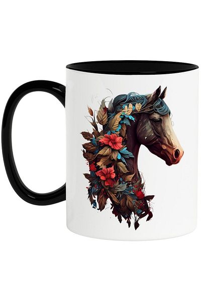INOVATIX Personalized white mug, Horse, Flowers, Leaves, Mane Decorations, with Black Handle, INOVATIX®. 330ml