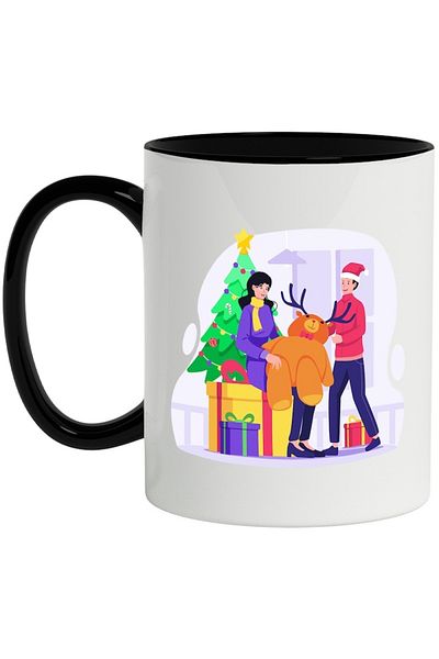INOVATIX Personalized white mug, Winter, Reindeer, Christmas, Fir, with Black Handle, INOVATIX®. 330ml