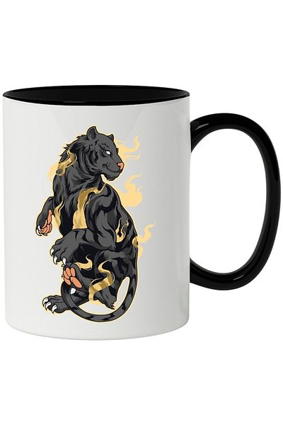 INOVATIX Personalized white mug, Tiger, Flames, Asian, with Black Handle, INOVATIX®. 330ml