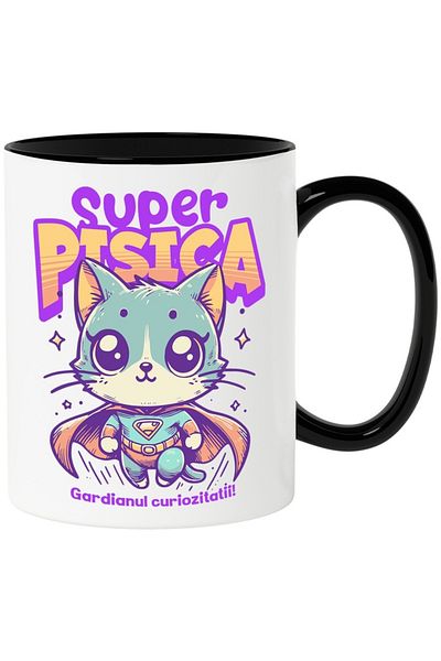 INOVATIX Personalized white mug, Super cat-Guardian of curiosity!, with Black Handle, INOVATIX®. 330ml