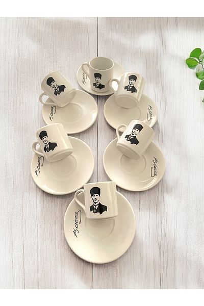 Artistic Quality Decorative Mustafa Kemal Atatürk Printed Porcelain Turkish Coffee Cup Set for 6 People
