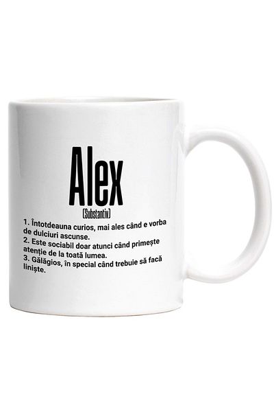 INOVATIX Personalized white mug, Name Alex, With Funny Message, Curious, Sociable, Loud, INOVATIX®. 330ml