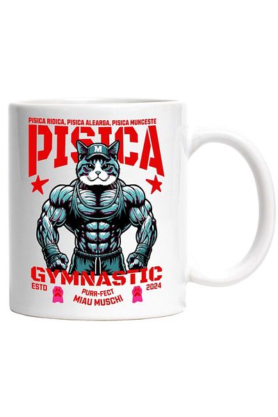 INOVATIX Personalized white mug, Gymnastics Cat - Lift, Run, Work, INOVATIX®. 330ml