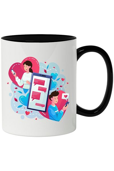INOVATIX Personalized white mug, Hearts, Phone, Messages, Leaves, Meeting, with Black Handle, INOVATIX®. 330ml