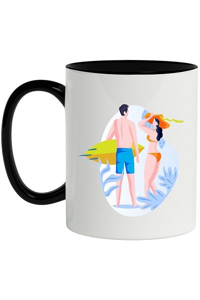 INOVATIX Personalized white mug, Surfboard, Hat, Beach, with Black Handle, INOVATIX®. 330ml