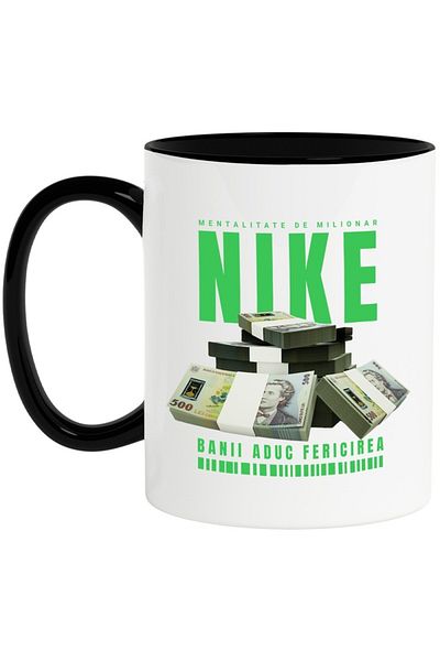 INOVATIX Personalized white mug, _Nike_ - Money Brings Happiness, with Black Handle, INOVATIX®. 330ml