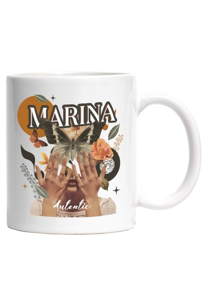 INOVATIX Cana alba personalizata, Numele Marina, Colaj Fata, Fluture, Flori, ...