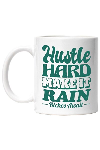 INOVATIX Cană albă personalizată, Mesaj în engleză Hustle Hard Make It Rain R...