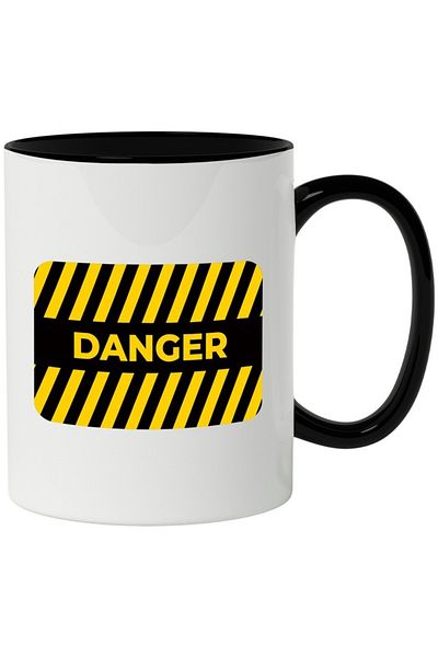 INOVATIX Personalized white mug, Message in English Danger, Sign, Stripes, with Black Handle, INOVATIX®. 330ml