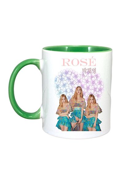 INOVATIX Personalized White Mug, Rose 3 Band, Green Handle and Interior, ®. 330ml