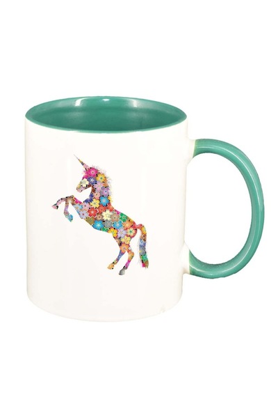 INOVATIX Cană albă personalizată, Flowery Unicorn, interior verde, D1004, INO...