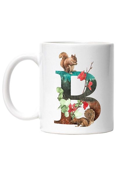 INOVATIX Personalized white mug, Letter, B, Squirrels, Flowers, Leaves, INOVATIX®. 330ml