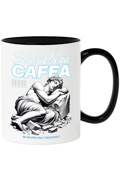 INOVATIX Personalized white mug, First I Want Coffee and Then I Wake Up, with Black Handle, INOVATIX®. 330ml