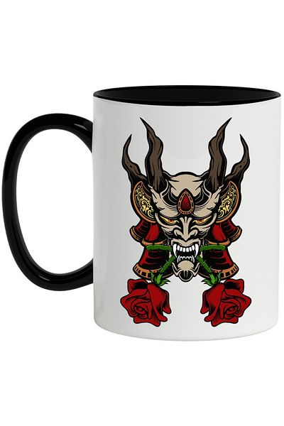 INOVATIX Personalized white mug, Oni, Mask, Japan, Roses, Demon, with Black Handle, INOVATIX®. 330ml