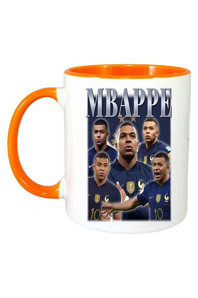 INOVATIX Personalized White Mug, Mbappa Kylian Sad, Orange Handle and Interior, ®. 330ml