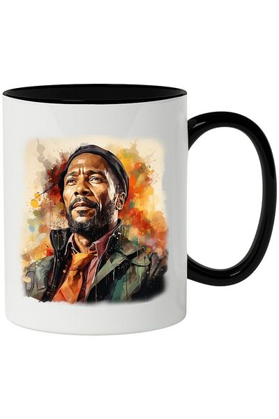 INOVATIX Personalized white mug, Marvin Gaye, Famous Artist, Composer, with Black Handle, INOVATIX®. 330ml