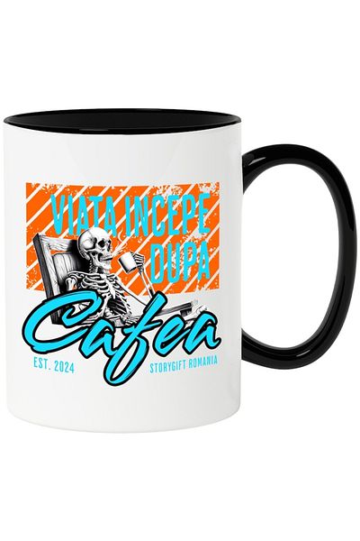 INOVATIX Personalized white mug, Life Begins After Coffee, with Black Handle, INOVATIX®. 330ml