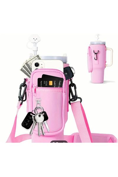 elamindunyasi Neoprene Protection Thermos Case Bag and Shoulder Strap Accessory with Strap for 1.18 Lt Thermos, Pink