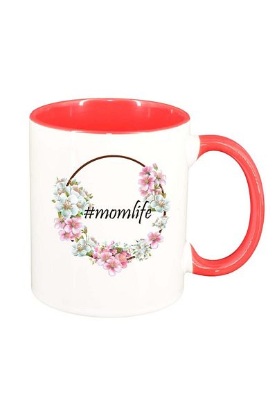 INOVATIX Personalized white mug, Flowers, #momlife, dark red interior, D1041, INOVATIX®. 330ml