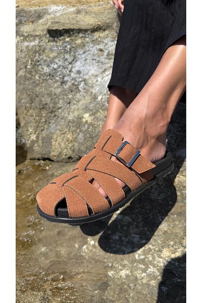 Eataly Shoes Γυναικείες παντόφλες Tan Suede Basket Model Buckle Flat