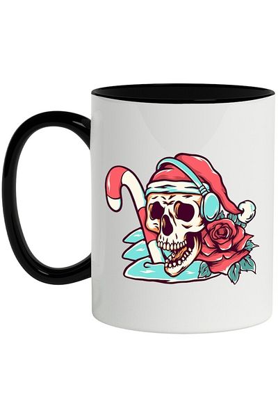 INOVATIX Personalized white mug, Skull, Christmas, Winter, Rose, Headphones, with Black Handle, INOVATIX®. 330ml