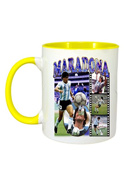 INOVATIX Персонализирана бяла чаша, колаж Марадона Диего, жълта дръжка и вътр...