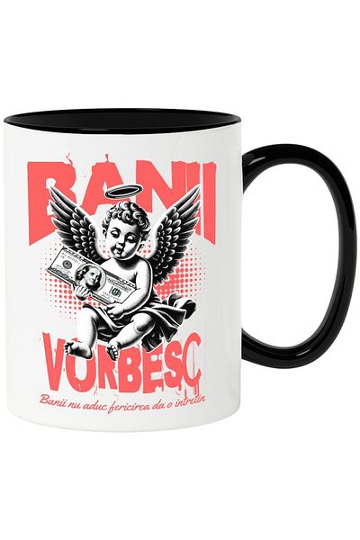 INOVATIX Personalized white mug, Money Talks - Angel with American Dollars, with Black Handle, INOVATIX®. 330ml