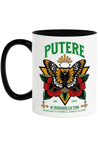 INOVATIX Personalized white mug, Butterfly - Power, Be Patient with Yourself, with Black Handle, INOVATIX®. 330ml