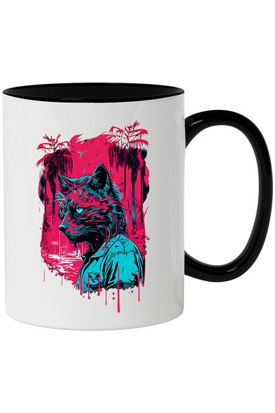 INOVATIX Personalized white mug, , Retro, Palm Trees, Portrait, Shirt, with Black Handle, INOVATIX®. 330ml