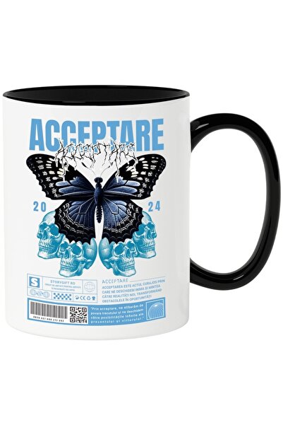 INOVATIX Εξατομικευμένη λευκή κούπα, Αποδοχή - Πεταλούδα και Κρανία, με Μαύρη...