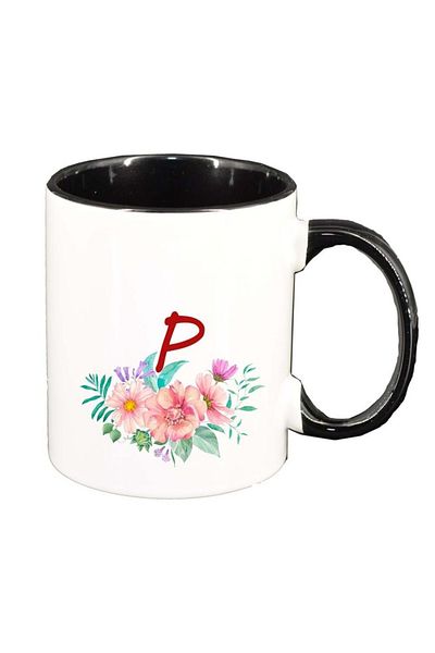INOVATIX Personalized white mug, Flowers with alphabet, black interior, D948, INOVATIX®. 330ml