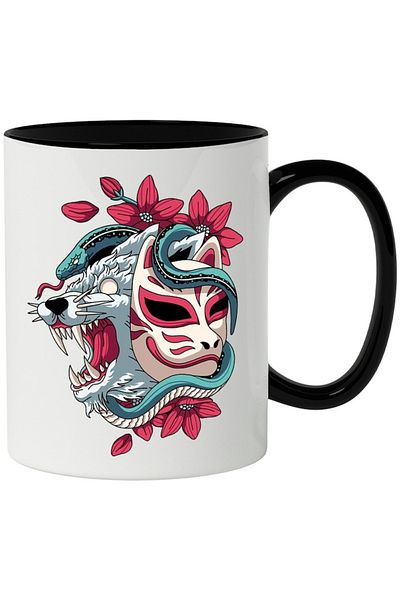 INOVATIX Personalized white mug, Snake, Flower, Wolf, Mask, with Black Handle, INOVATIX®. 330ml