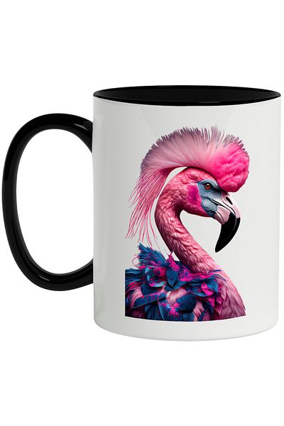INOVATIX Personalized white mug, Flamingo, Bird, Feathers, Abstract, Exotic, with Black Handle, INOVATIX®. 330ml