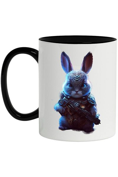 INOVATIX Personalized white mug, Rabbit, Weapon, Armor, Sci-Fi, Soldier, with Black Handle, INOVATIX®. 330ml