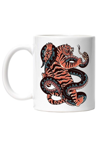 INOVATIX Cana alba personalizata, Tigru, Sarpe, Lupta, Ilustratie, Asiatic, Dungi, INOVATIX®. 330ml